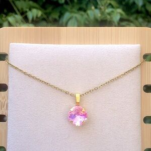 Pink Opal Aurora Borealis Crystal + Gold Cushion Cut Pendant Drop Necklace